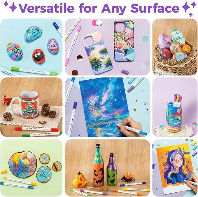 Ohuhu Acrylic Paint Markers Dual Tips: 36 Colors Brush & Dot Paint Pens High Opacity Acrylic Markers Waterproof Lightfast for Christmas Gifts Rock Painting 3D Prints Eggs Wood Glass Ceramic DIY Crafts