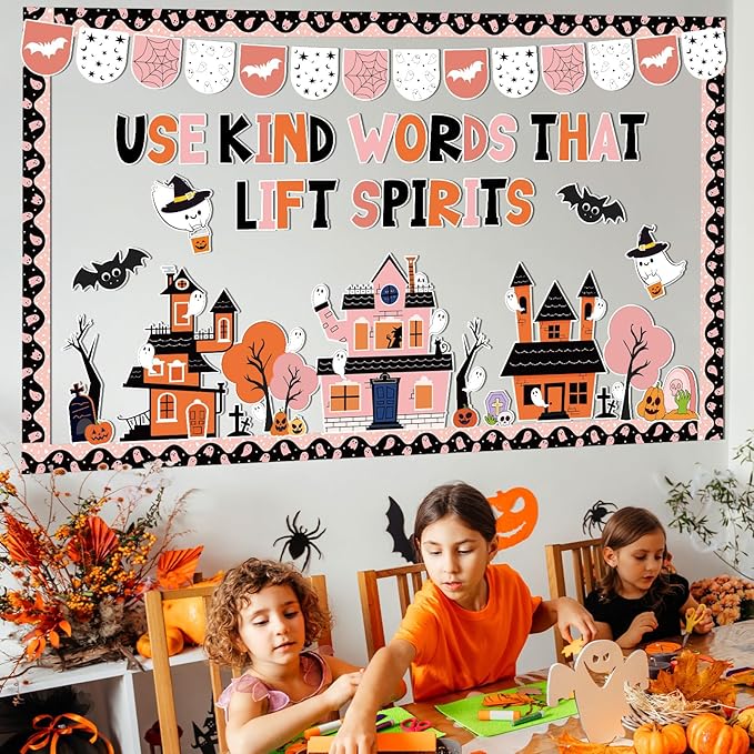 ojustbeok Halloween Bulletin Board Decorations Halloween Kind Classroom Cutouts Trick Treat Pumpkin Bat Ghost Castle Paper Decors for Holiday School Classroom Chalkboard Wall Decor Teacher Supplies