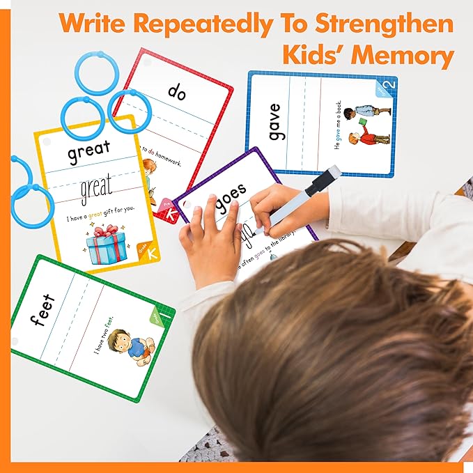 300 Sight Words Flashcards, 150PCS Double-Sided Erasable Reusable Cards Dolch & Fry Word Lists Montessori Toy for Kindergarten Preschool Toddlers 3 4 5 Years Old (5 Plastic Rings Attached)