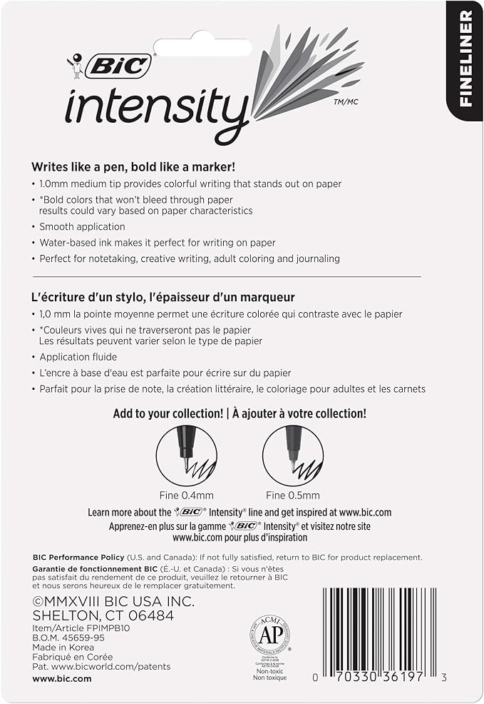 BIC Intensity Fineliner Marker Pens, Medium Point (0.7mm), Assorted Colors, Smooth Application, 10-Count