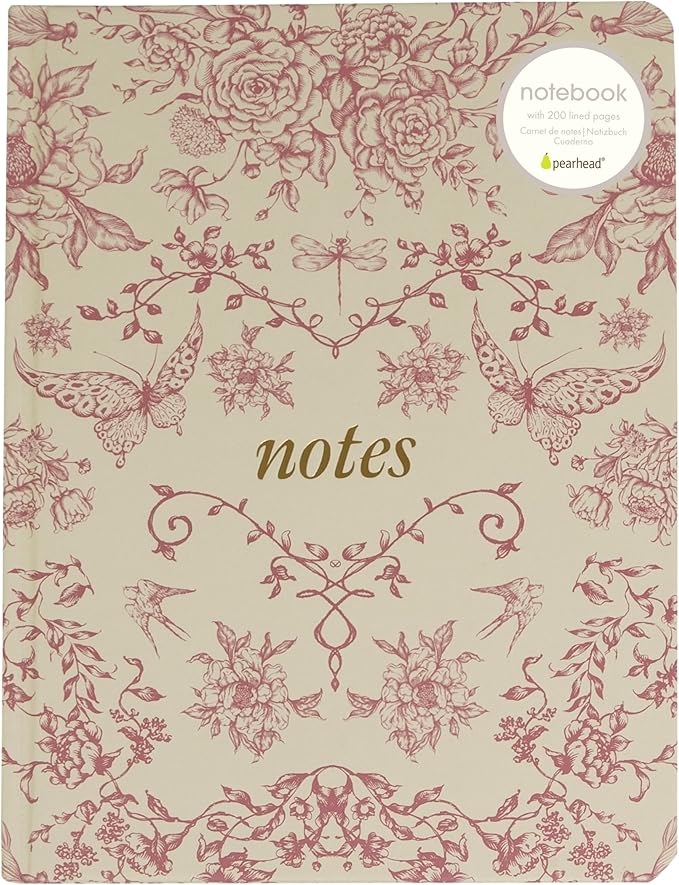 Pearhead Hardcover Journal Notebook 6x8 – Red Toile Botanical Dragonfly Print College-Ruled Writing Journal with 200 Lined Pages for Notes, Work & Journaling