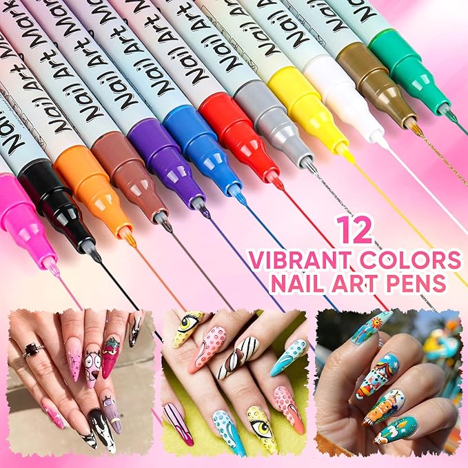 12 Colors Nail Art Pens for Painting Nails Set, Nail Art Markers for Gel Nails, Nail Art Tool for Graffiti Dotting Drawing Painting Point Liner DIY