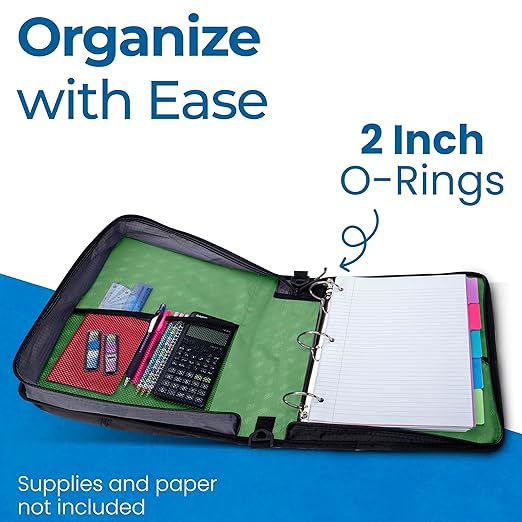 Case-it Universal Zipper Binder | 2-Inch O-Rings, 13-Inch Laptop/Tablet Padded Pocket, 400 Sheet Capacity, Multiple Storage Pockets & Shoulder Strap | School & Office Organizer | LT-007 Canopy Green