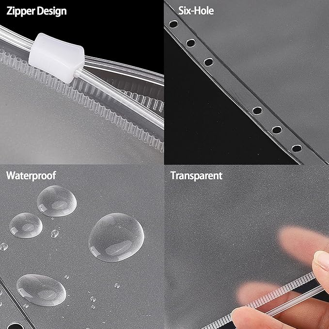 24 Pcs Binder Pocket A6 Binder Pockets 6 Holes Zipper Folders Waterproof PVC Document Pouch Filing Bags(Clear)
