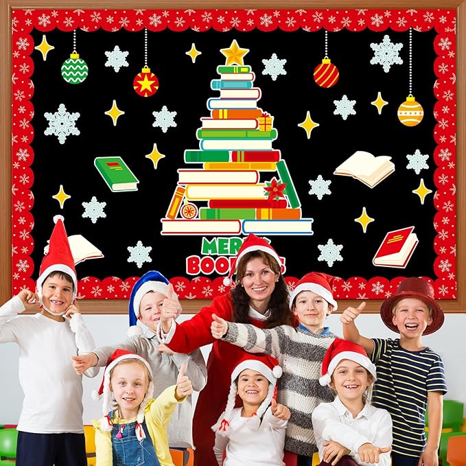 gisgfim Christmas Bulletin Board Decoration Set Christmas Book Tree Paper Cutouts Xmas Classroom Bulletin Board Decor for Xmas Winter Holiday School Door Reading Room Home Wall(Merry Bookmas)