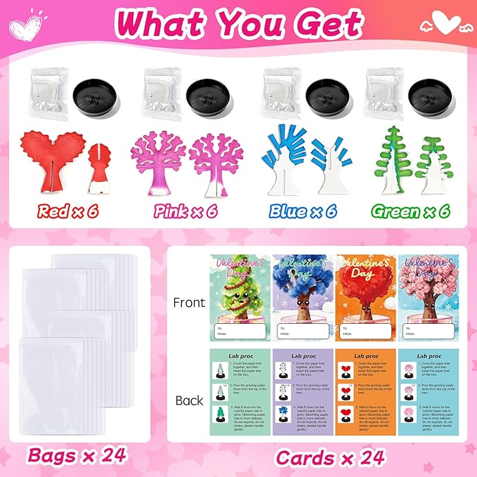 24 Pack Valentine’s Day Growing Crystal Trees Kit With Greeting Cards for Kids STEM Science Experiment Craft Party Favors School Classroom Gifts Exchange Goodie bags for Boys and Girls