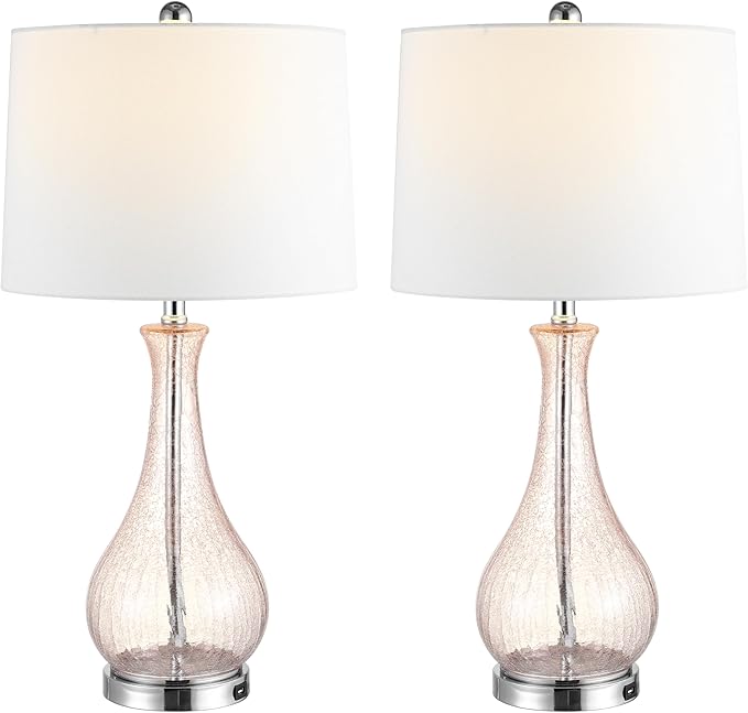SAFAVIEH Lighting Collection – Finnley Modern Light Blush Crackle Glass 28-Inch Table Lamp, LED Bulb Included, Bedroom Living Room Home Office Nightstand Desk (TBL4206C)