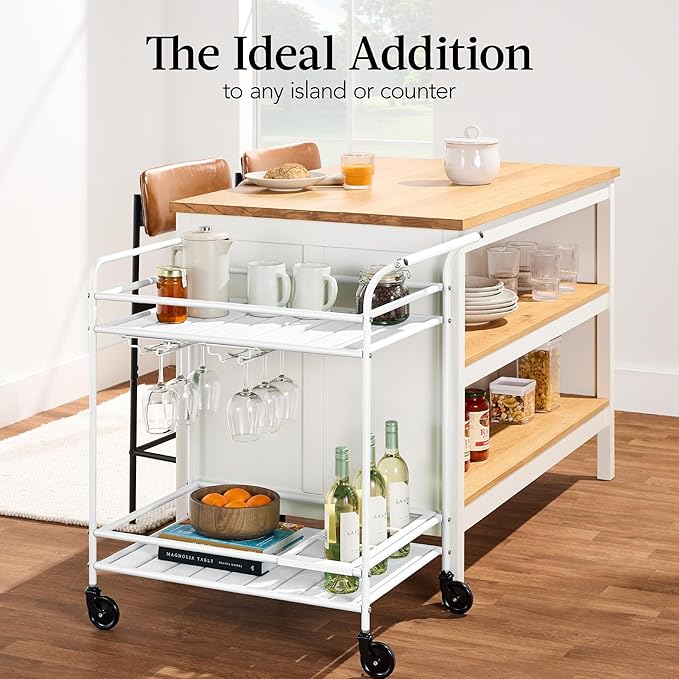 Best Choice Products Rolling Bar Cart, Mobile Home Bar Serving Cart, Serving Station w/ 2 Tier Shelves, Wine Rack, Lockable Wheels - White