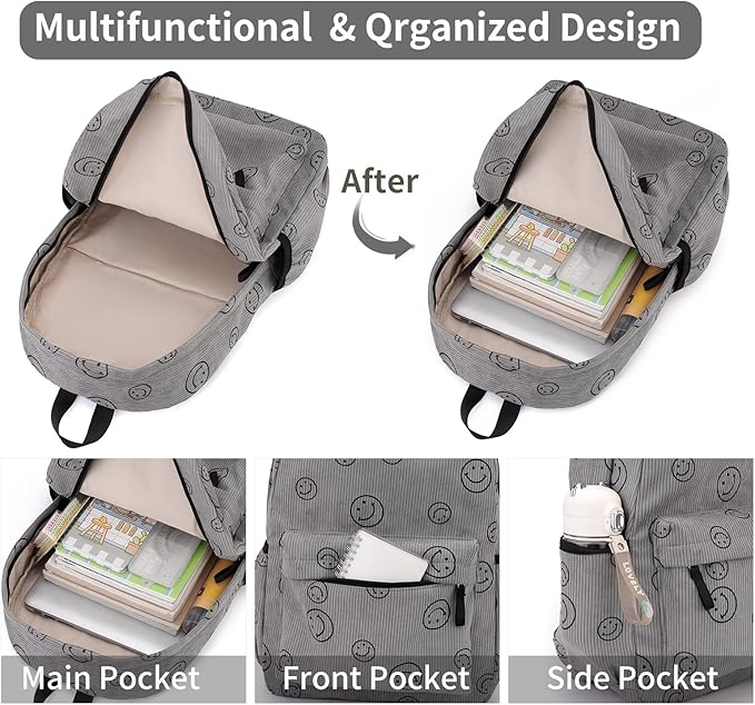 Backpack for Girls Boy Teen Corduroy Bookbags Elementary Middle High School Women Laptop Bag with Lunch Box Pencil Bag (Smile Grey)