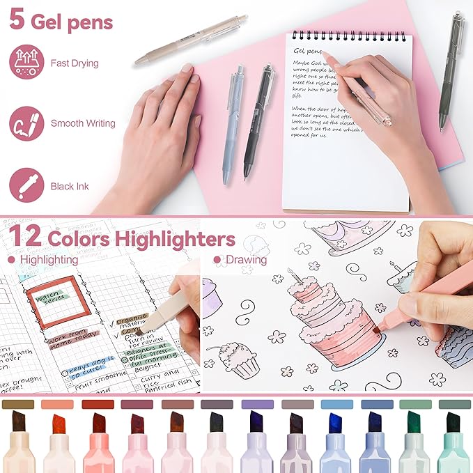 61 PCS Aesthetic School Supplies with Cute Pencil Case, Pastel No Bleed Highlighters, Gel & Erasable Pens, Mechanical Pencils, Refills, Complete Essentials Stationery Kit for Students (Pink)