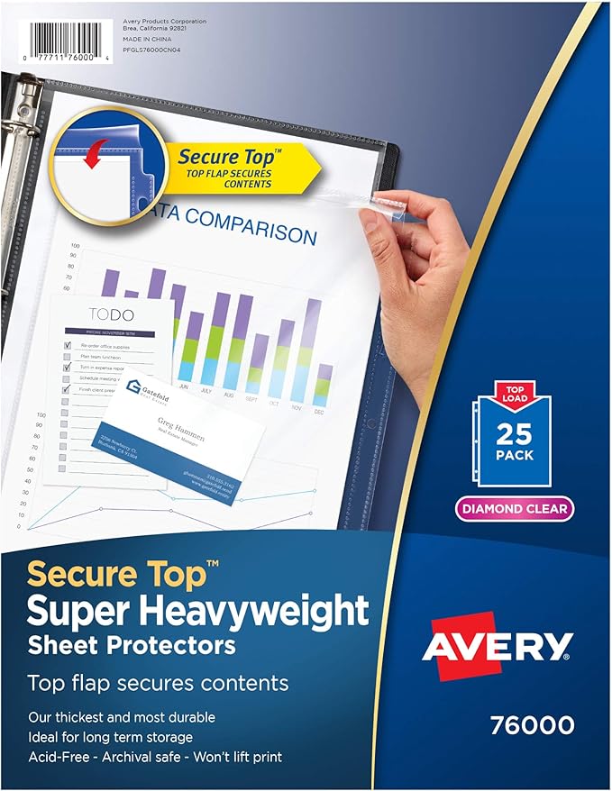 Avery Diamond Clear Top Sheet Protectors, Super Heavyweight Page Protectors for 3 Ring Binder, Clear Binder Sheet, 25 Count (76000)