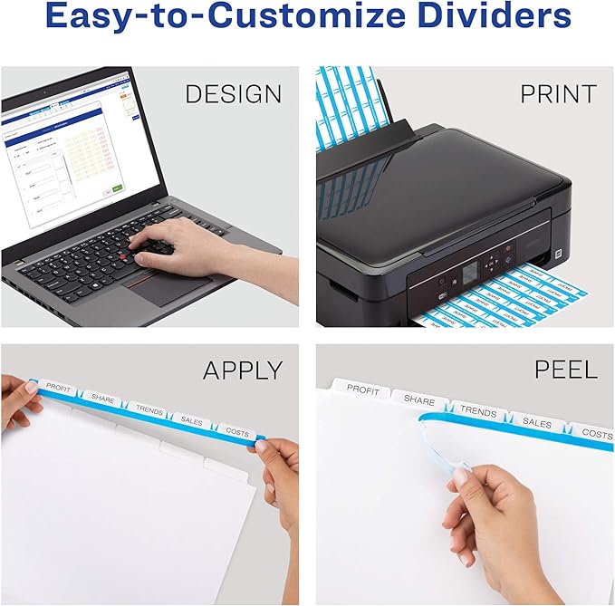 Avery 5 Tab Plastic Dividers for 3 Ring Binder, Easy Print & Apply Clear Label Strip, Index Maker Customizable Frosted White Tabs, 5 Sets (12449)