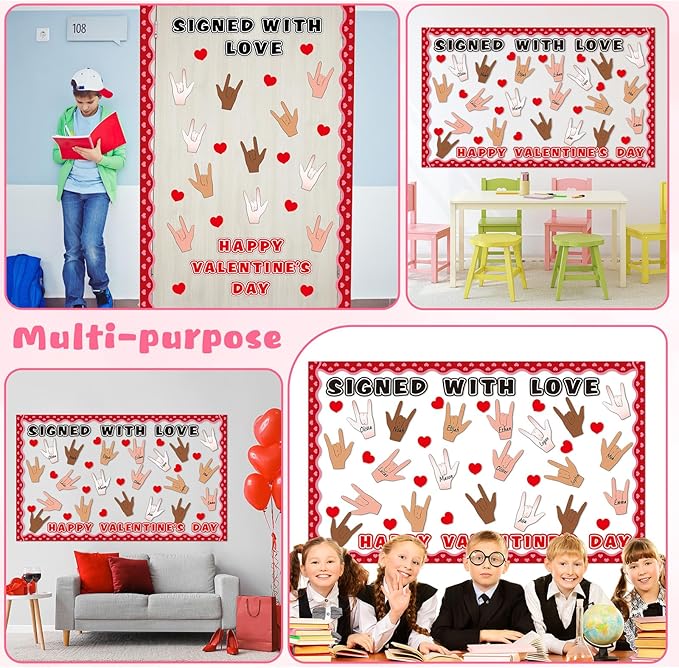Valentine's Day Bulletin Board Decorations Set Signed with Love Classroom Decoration Happy Valentine's Day Love Heart Hand Gesture Cutouts for School Office Home Chalkboard Wall Decor Party Supplies