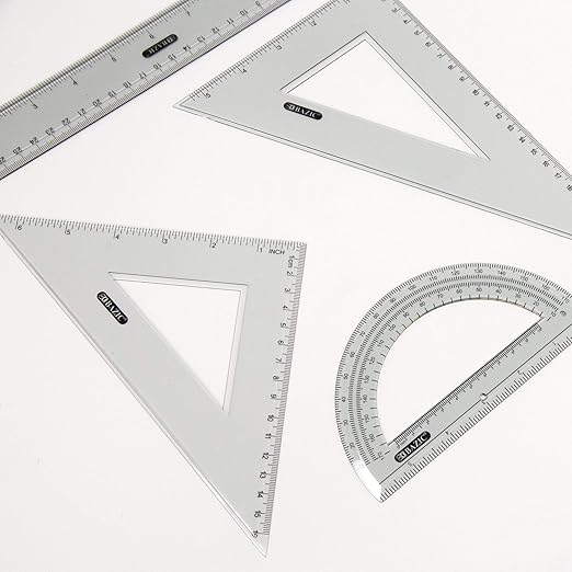 BAZIC Products Math Geometry Set 4 Pieces, Protractor, 12" Ruler, 2 Triangle Rulers, Plastic Clear Measuring Sets for Students School Supplies, 24-Packs