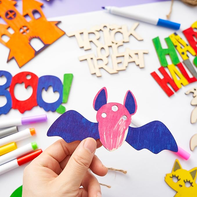 JOYIN 36 Pcs Halloween Craft Wooden Painting Kit, Halloween Party Supplies, Party Favors for Kids, Wood Blank Cutouts Ornaments, Gift Tags Decor for School Art DIY Activities Goodies Games(Age 8+)