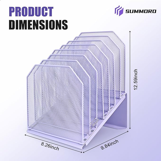 Inclined File Organizer for Desk, 7-Tier Vertical File Folder Holder Office Desk Organizer Metal Rack File Wire Mesh Desktop Document Sorter for Office School Classroom Home (Purple)