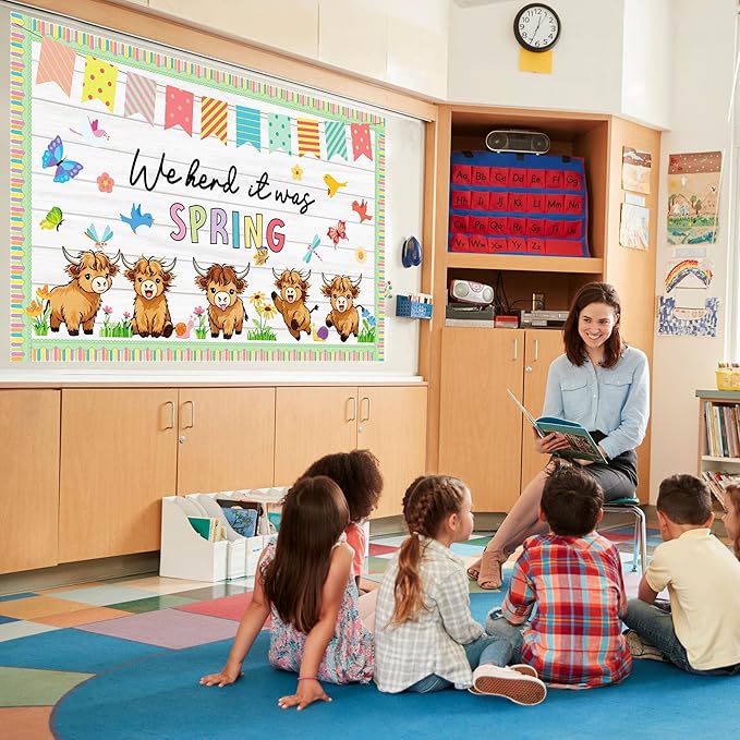 Spring Classroom Bulletin Board Set Spring Classroom Decorations We Herd it was Highland Cow Door Decorations Cutouts for Teacher Classroom School Office Chalkboard Wall Library Window Home Decor
