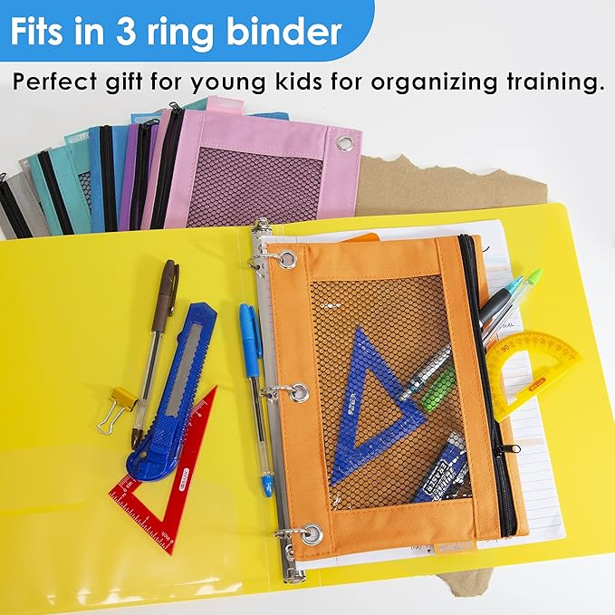 BAZIC PRODUCTS Pencil Pouch 3 Ring Binder Pouch w/Rivet Enforced Rings Holes, Pastel Color Mesh Window Zipper Pouchesr, 144-Pack
