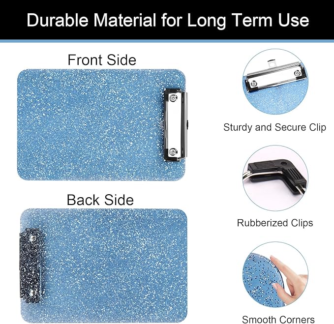 2 PCS A5 Size Clipboards,Size 6X 9inches,Glitter Clipboard with Low Profile Clip,Sparkle Plastic Clipboard,Cute Hanging Clip Boards for Office Supplies Clipboards Mini Clip Board