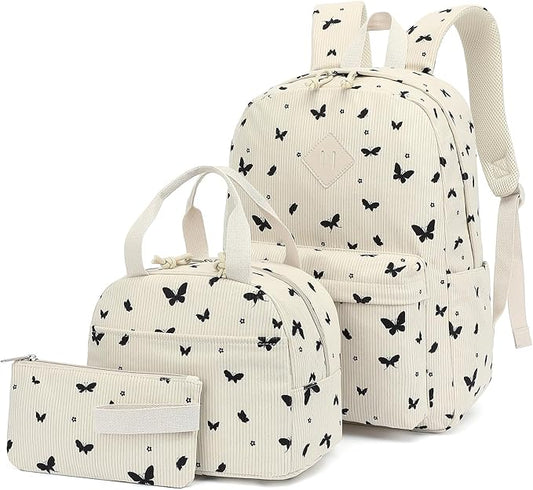 Corduroy Girls Backpack Set, 3PCS School Backpacks for Kids Elementary Middle School Bags with Lunch Box Pencil Case (Beige Corduroy Butterfly)