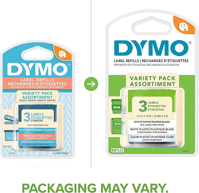 DYMO LT Labels Variety Pack 1/2-Inch x 13-Foot Rolls Black Print 3 Rolls for LetraTag Label Makers