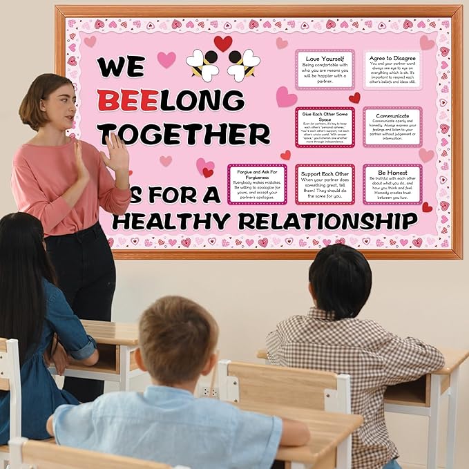Valentine's Day Bulletin Board Set We Bee Love Heart Classroom Decorations Bee Long Together Paper Cutouts Healthy Relationship Tips Bulletin Board for Valentines School Office Door Decor Supplies