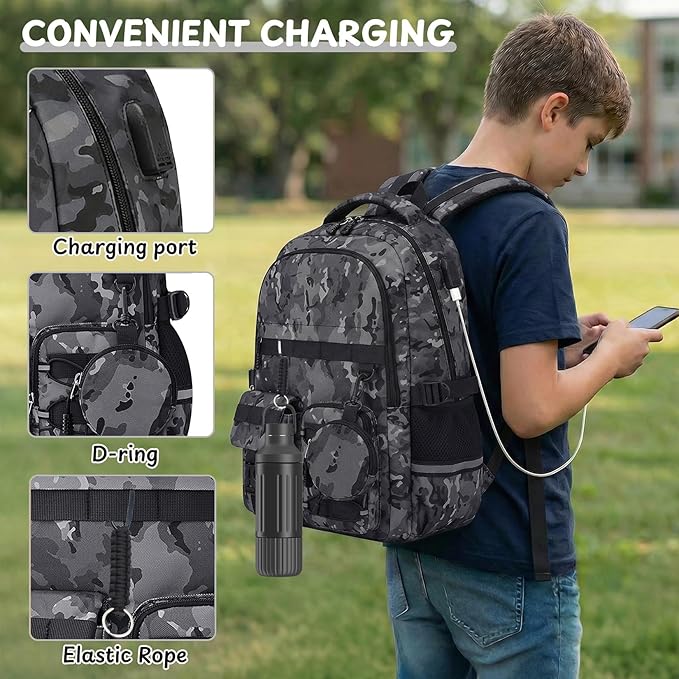 School Backpack for Boys - 5pcs Camo Boys Backpack with Lunch Box Set for Kids Teens Elementary Middle High School,18″ Large Capacity Students Bookbag