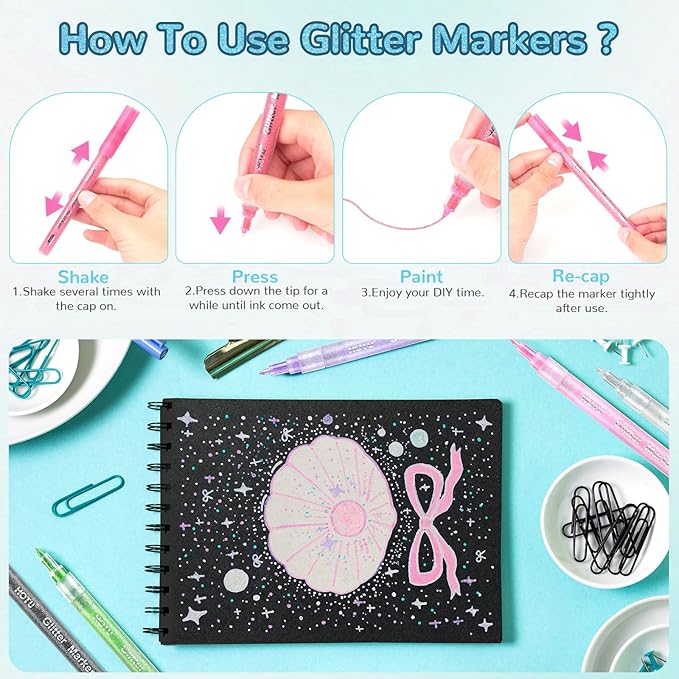 Glitter Markers Pen, 12 Glitter Colors Paint Pens Sparkly Metallic Shimmer Acrylic Marker Fine Point Tip 0.7mm Water-based Ink for Adults DIY Crafts Greeting Birthday Cards