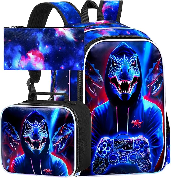 gxtvo 3PCS Kids Dinosaur Game Bookbag, 17" Boys Dino Backpack with Lunch Box, Water Resistant Middle Elementary School Bag - Dinosaur Game