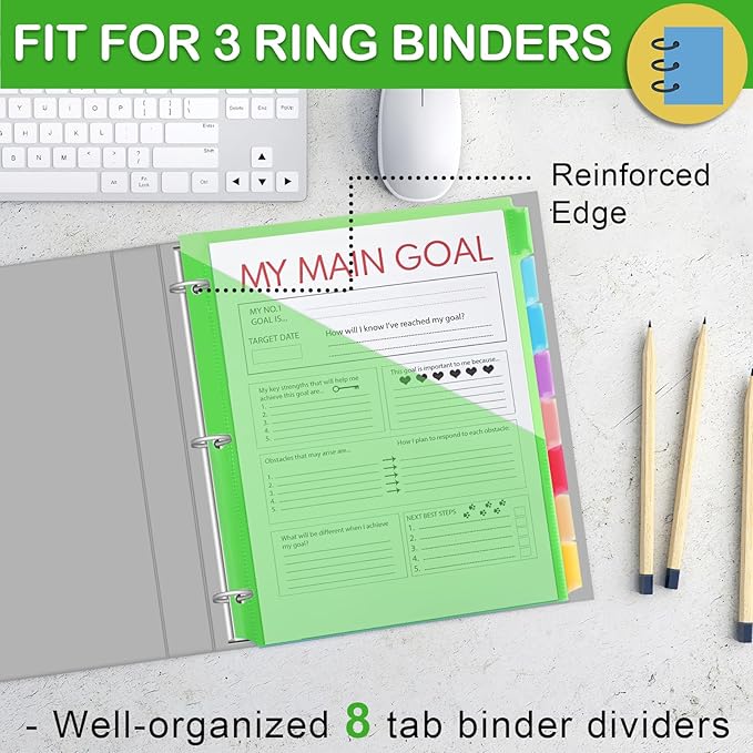 48 Count Binder Dividers with Pockets, 8 Tab Plastic Dividers for 3 Ring Binders School Office Document Indexing and Protection, Multicolor, 6 Sets