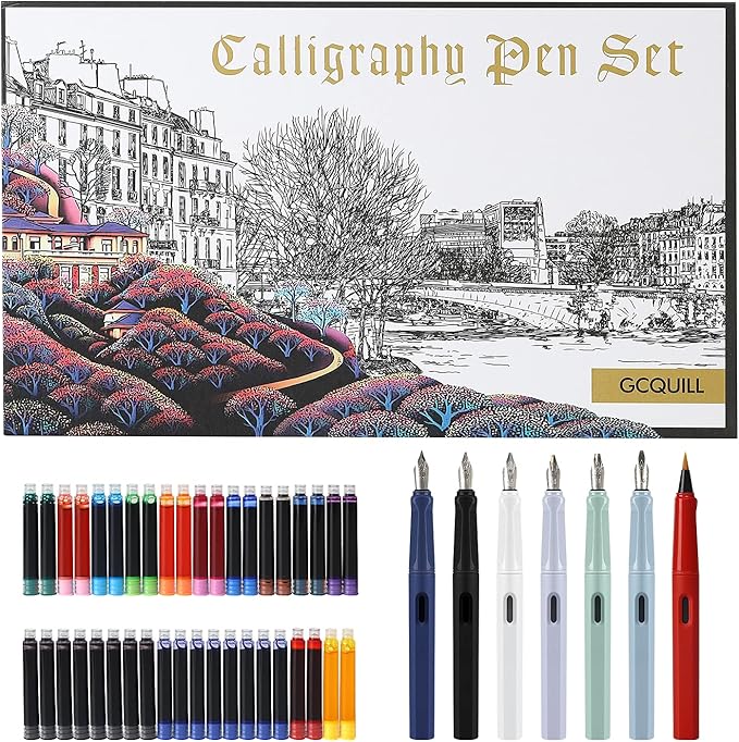 GC QUILL Calligraphy Fountain Pen Set- 7 with Different Nibs and 40 Ink Cartridges for Beginners- MU-09