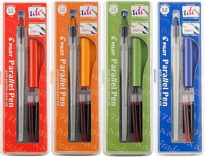 Pilot Parallel Calligraphy Pen Set, 1.5 mm, 2.4 mm, 3.8 mm and 6 mm with Bundle Ink Cartridge Plus 1 Extra Pack of 12 ASST Refills and 1 Pack of 6 Black Refills.