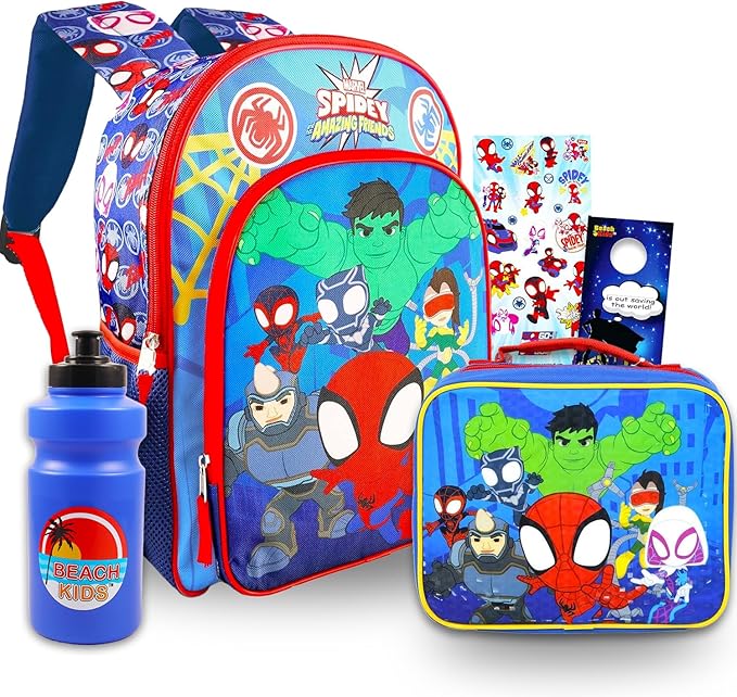 Marvel Spidey and His Amazing Friends Backpack with Lunch Box - Bundle with 16” Spidey Backpack, Lunch Box, Water Bottle, Stickers, More | Spidey and Friends School Bag for Kids