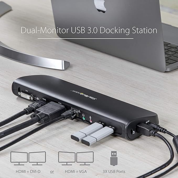 StarTech.com Dual Monitor USB 3.0 Laptop Docking Station with HDMI/DVI/VGA, 3x USB-A Hub, GbE, Audio, Universal Type-A Dock for Windows/macOS/ChromeOS - TAA Compliant (USB3SDOCKHDV)