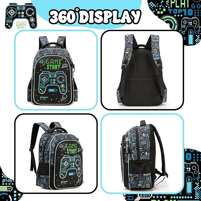 Game School Backpack for Boys Backpacks Ages 8-10 with Lunch Box Set Black Bookbag for Boys Backpack for Kids Backpacks Lightweight Elementary Back to School Supplies Kit