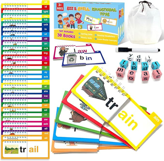 30 Word Family Flip Books, 3-in-1 Read and Rhyme Flip Activity Book Set, ABC Vocabulary Flash Cards, Sight Words Flashcards, Learn to Read Phonics Cards for Kindergarten, Homeschool Supplies