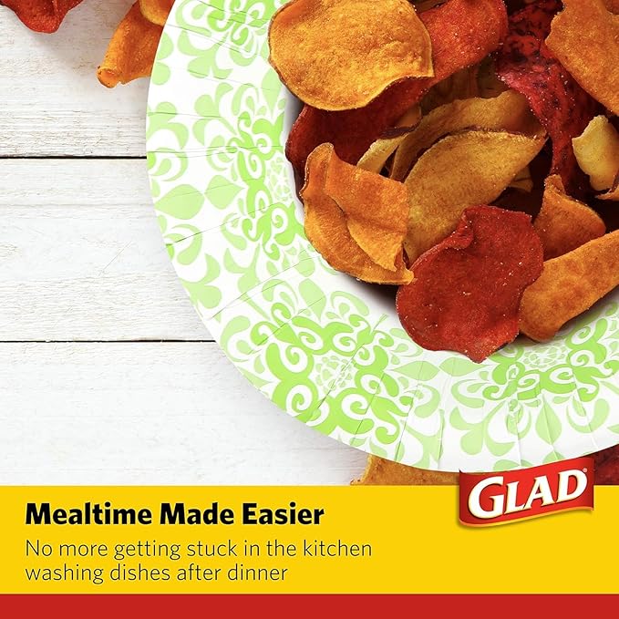 Glad Round Disposable Paper Bowls, Green Victorian Design - Heavy Duty, Soak Proof, Cut-Resistant, Microwavable Bowl for All Foods & Daily Use, 16 Oz, 15 Count - 2 Pack