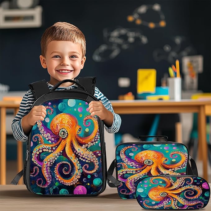 Octopus Backpack Set 3 Piece School Bags and Lunch Box with Pencil Case Octopus Bookbag Set for Toddler Kids Girls Boys Teens Kindergarten Elementary Middle
