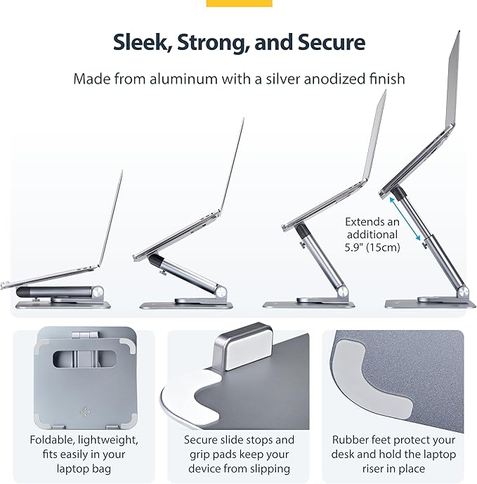 StarTech.com Telescopic Laptop Stand, 360 Swivel Base, Rotating Computer Riser for Desk, Adjustable Height/Tilt, Max 11lb/5kg