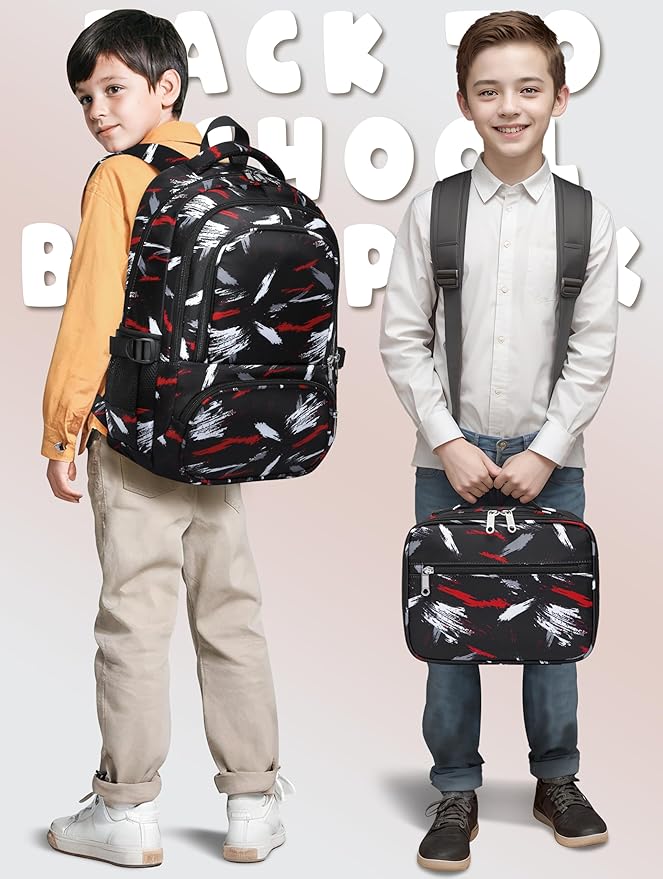BLUEFAIRY Kids Backpack with Lunch Box for Girls Boys Elementary Primary Middle School Bag with Lunch Bag Set 17 Inch Bookbag Mochilas Escolares para Niñas Niños (Brush Dark, Dark Black)