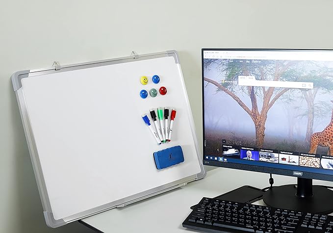 Whiteboard Set - Dry Erase Board 24 x 18 in with 1 Magnetic Dry Eraser, 4 Drywipe Markers and 4 Magnets - Small White Hanging Message Scoreboard for Home and Office (24x18 in)