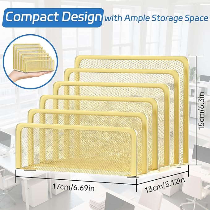 Mail Organizer Countertop with 5 Slot, Metal Mail Holder for Desk, File Holder Letter Sorter for Envelope, Bill and Document (Gold)