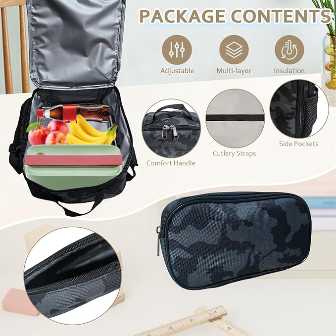 Camo Backpack for Boys 3 in 1 Set, 19 Inch 55L Tactical Bookbag with Lunch Box Pencil Case, Molle School Backpack for Kids Teens, Daily School Commute Outdoor Camping for Elementary Middle High School