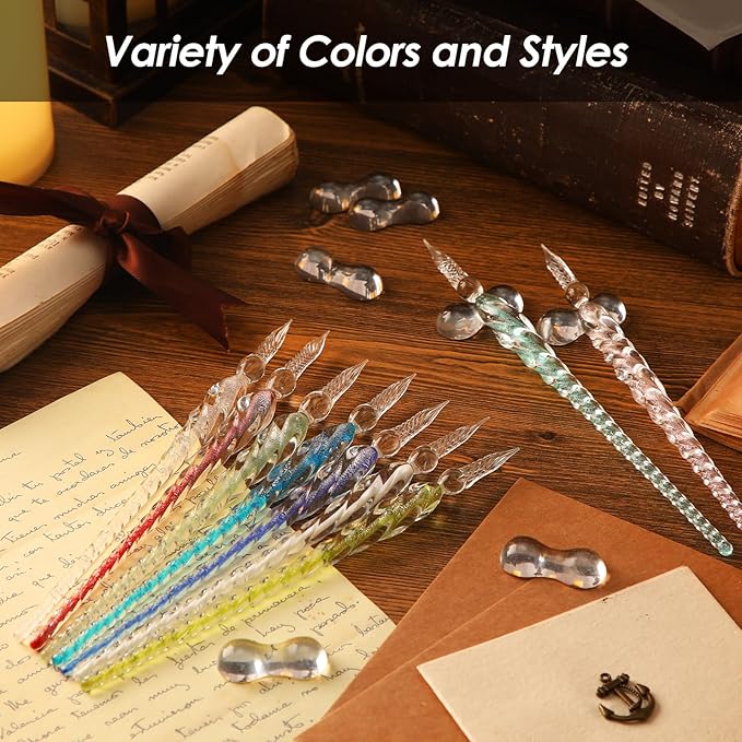 Outus 9 Pieces Glass Dip Pen Handmade Glass Signature High Borosilicate Crystal Vintage Dip Pen with 9 Pieces Penholder for Writing Drawing Calligraphy(Classic style,Classic Color)