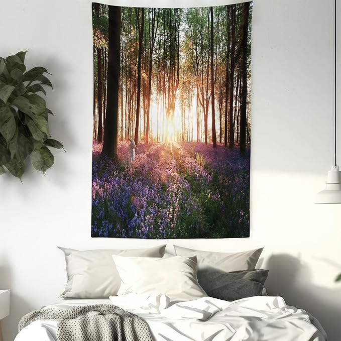 Ambesonne Forest Tapestry Twin Size, Bluebell Woods Sunrise with White Rabbit Sunny Spring Day in Woodland, Wall Hanging Bedspread Bed Cover Wall Decor, 68" X 88", Purple Green