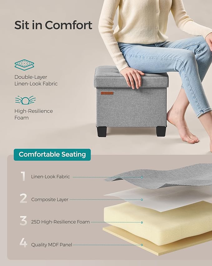 SONGMICS Storage Ottoman, Small Ottoman Foot Rest with Legs, 12.6 x 15.7 x 13.2 Inches Foot Stool, Load up to 660 lb, for Living Room, Bedroom, Dorm, Dove Gray ULSF012G02