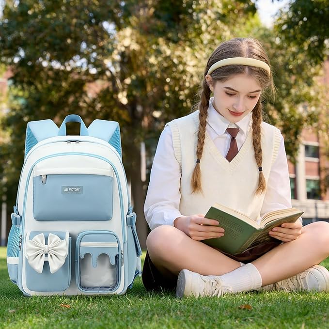 School Backpack for Girls 3PCS Nylon Kids Backpack Set with Lunch Box & Pencil Pouch, Cute Lightweight Teen Girls School Bag Laptop Bag Travel Daypack for Elementary Middle High School Beige Blue