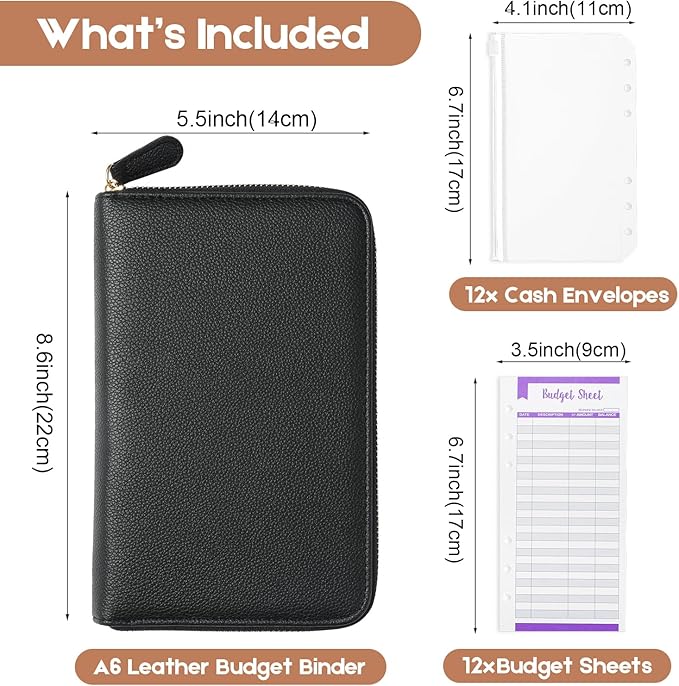 SEEKIND A6 Budget Binder, Money Saving Binder with Zipper Envelopes, PU Leather Wallet Budget Planner,Cash Envelopes and Expense Budget Sheets for Budgeting(Black)