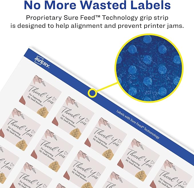 Avery Glossy White Square Labels, Sure Feed Technology, 3/4" x 3/4", 800 Glossy White Labels, Print-to-The-Edge, Permanent Adhesive, Laser/Inkjet Printable