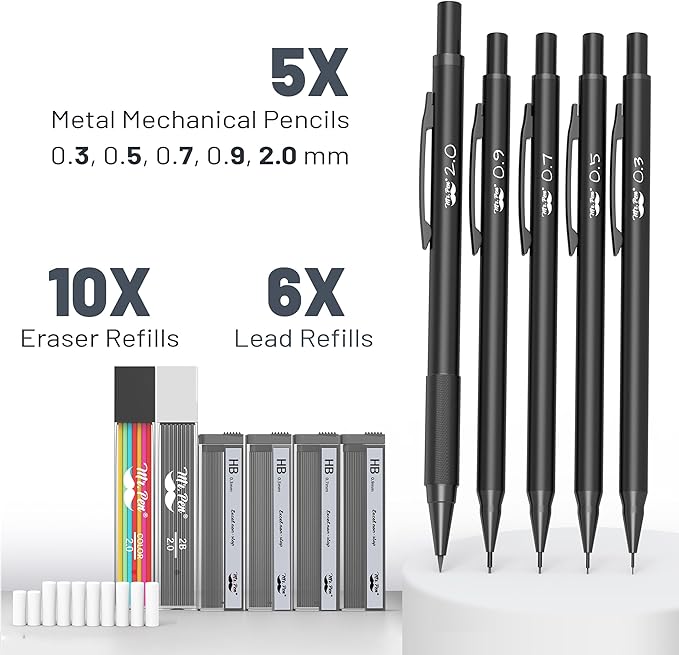 Mr. Pen- Metal Mechanical Pencil Set with Lead and Eraser Refills, 5 Sizes, Black, 0.3, 0.5, 0.7, 0.9, 2mm, Drawing Mechanical Pencils, Mechanical Pencil Metal, Drawing Pencils Mechanical